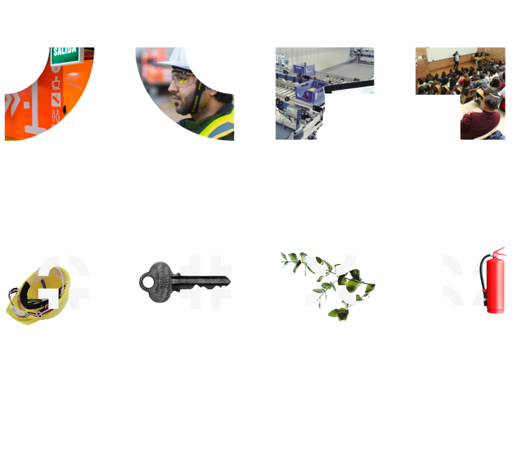 Forms and graphic elements of Grupo Herrero's identity blended with representative photographs from the industry.