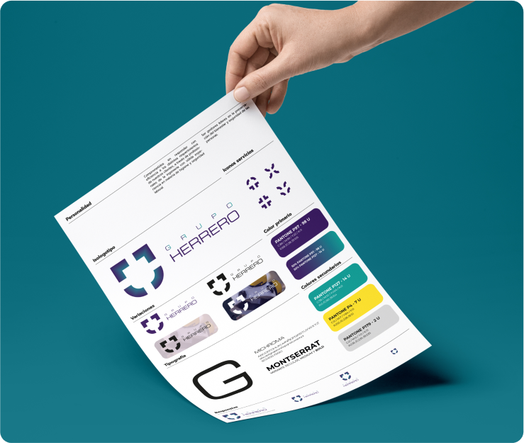 Abstract composition featuring a hand holding a sheet with the design system we use to create the website