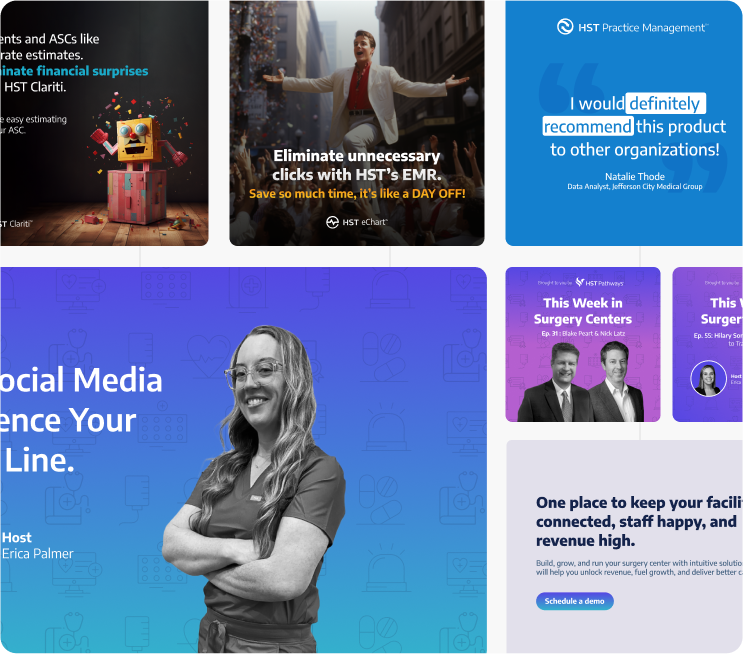 Creative montage in grid format with captures of graphic and digital design products made by Mutanto for HST.