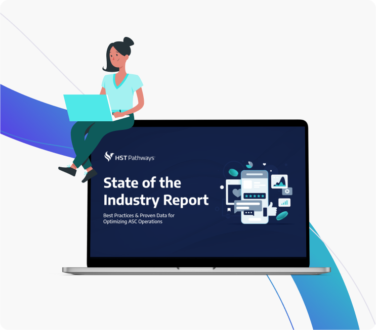 Mockup of a cover designed for HST applied to a laptop with an abstract background including curved lines