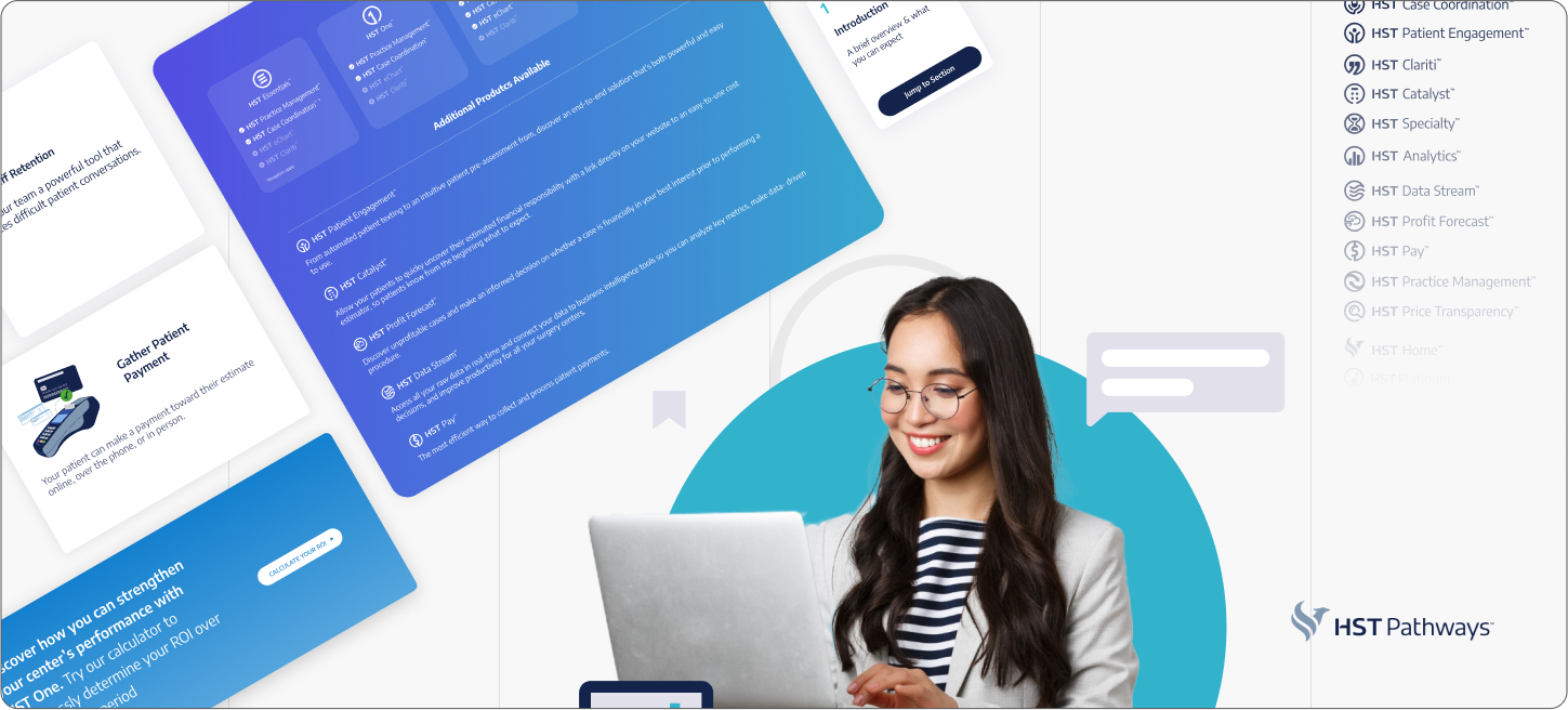 Creative collage featuring a healthcare worker working at his computer with HST product screenshots in the background