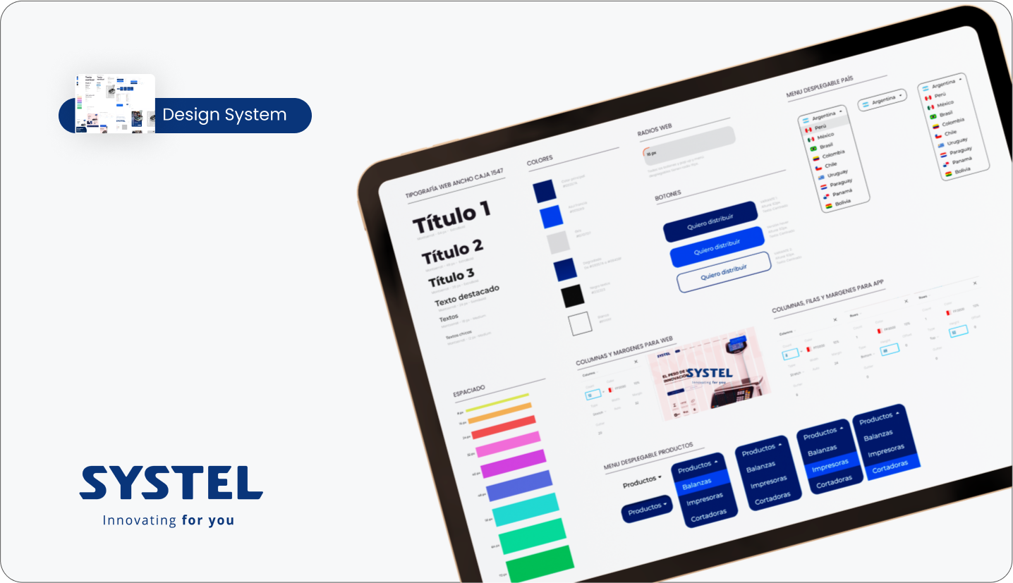 Buttons, spacing, typography, colors, and other elements that make up the web page design system.